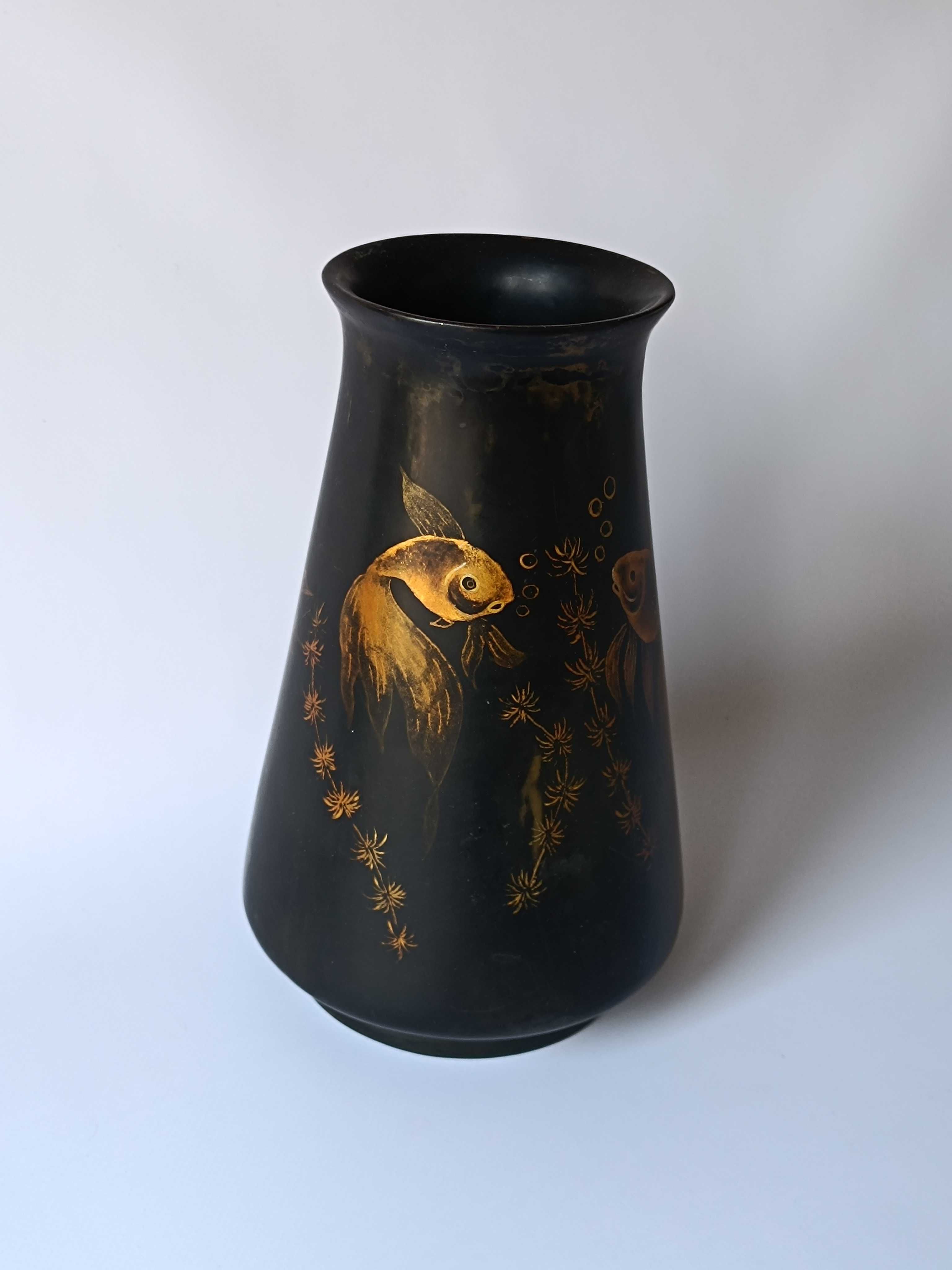 Винтажная ваза с золотыми рыбками, старинная черная ваза дерево