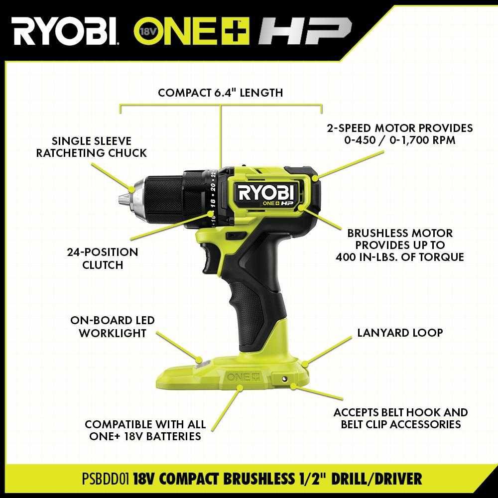 Безщітковий аккумуляторний шуроповерт Ryobi psbdd01 One+ Hp 18V США