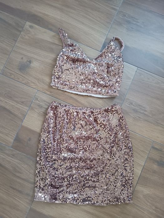 Komplet cekinowy złoty cekiny spódnica spódniczka mini top XS s m nowy