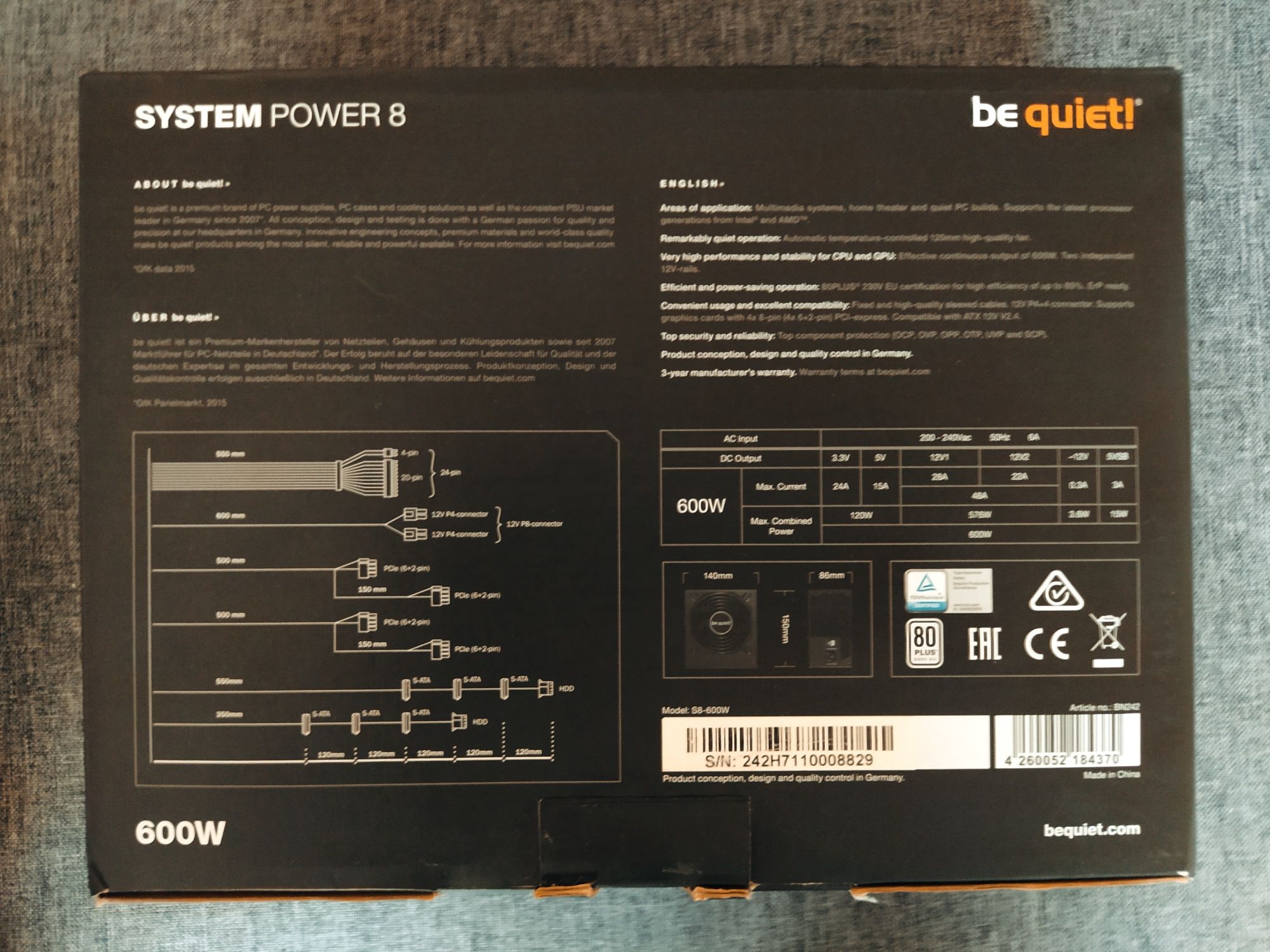 БП BeQuiet 600W 80PLUS Bronze питания 600Вт