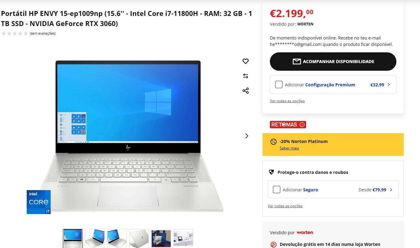 Portátil HP ENVY 15 i7-11800H 32GB de RAM 1TB SSD RTX 3060