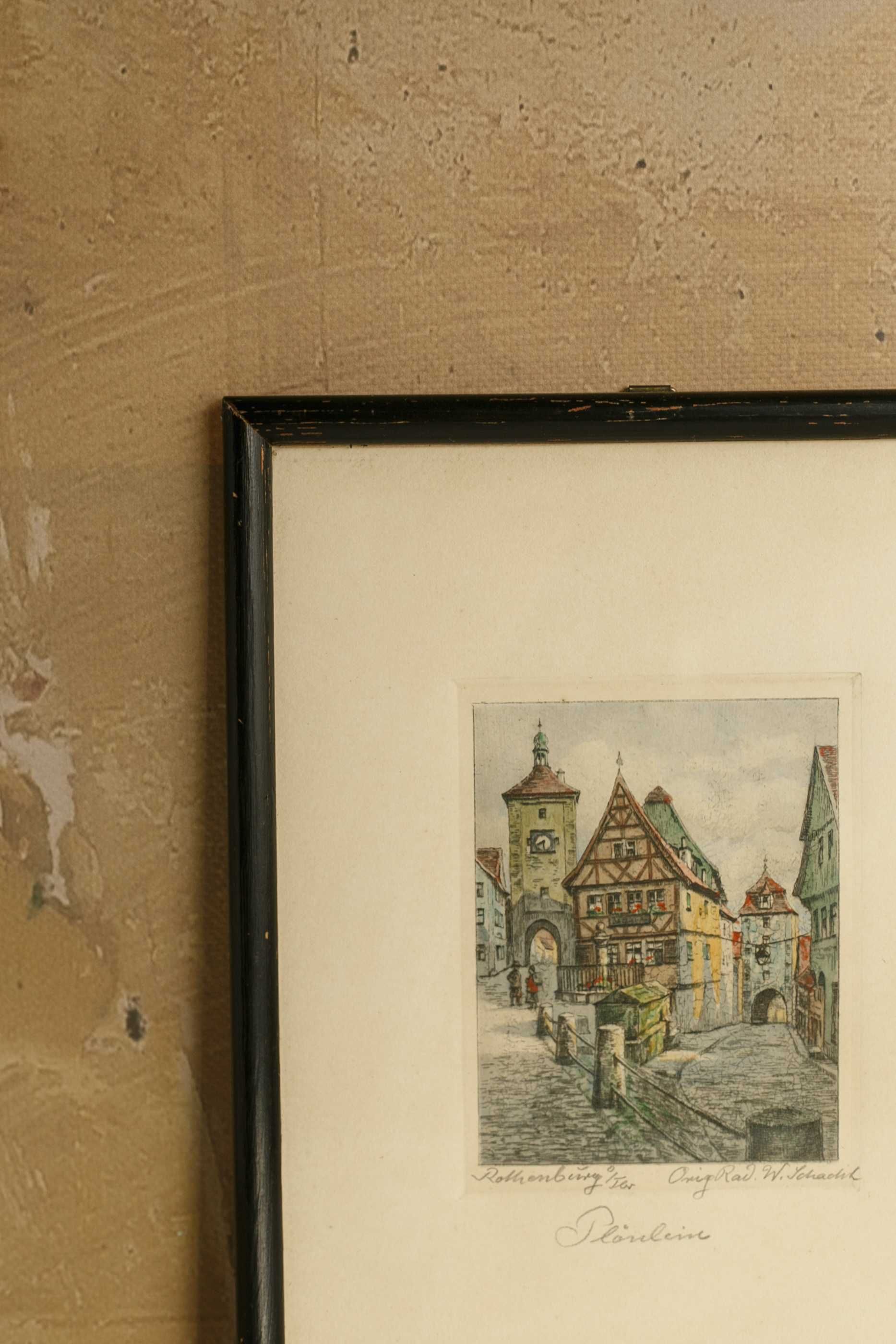 grafika kolorowa akwaforta Rothenburg vintage