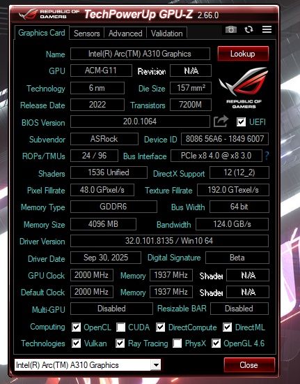 Karta graficzna ASRock intel arc a310 low profile