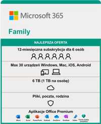 Microsoft 365 Family Klucz, Kod - 6 mc, 6 użytkowników