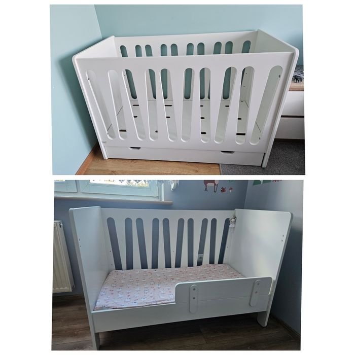 Łóżeczko Pinio Moon 60x120 z funkcją tapczanika z szufladą i barierką