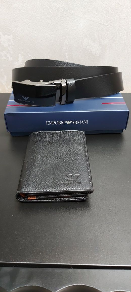 Emporio Armani komplet skórzany pasek i portfel w pudełku