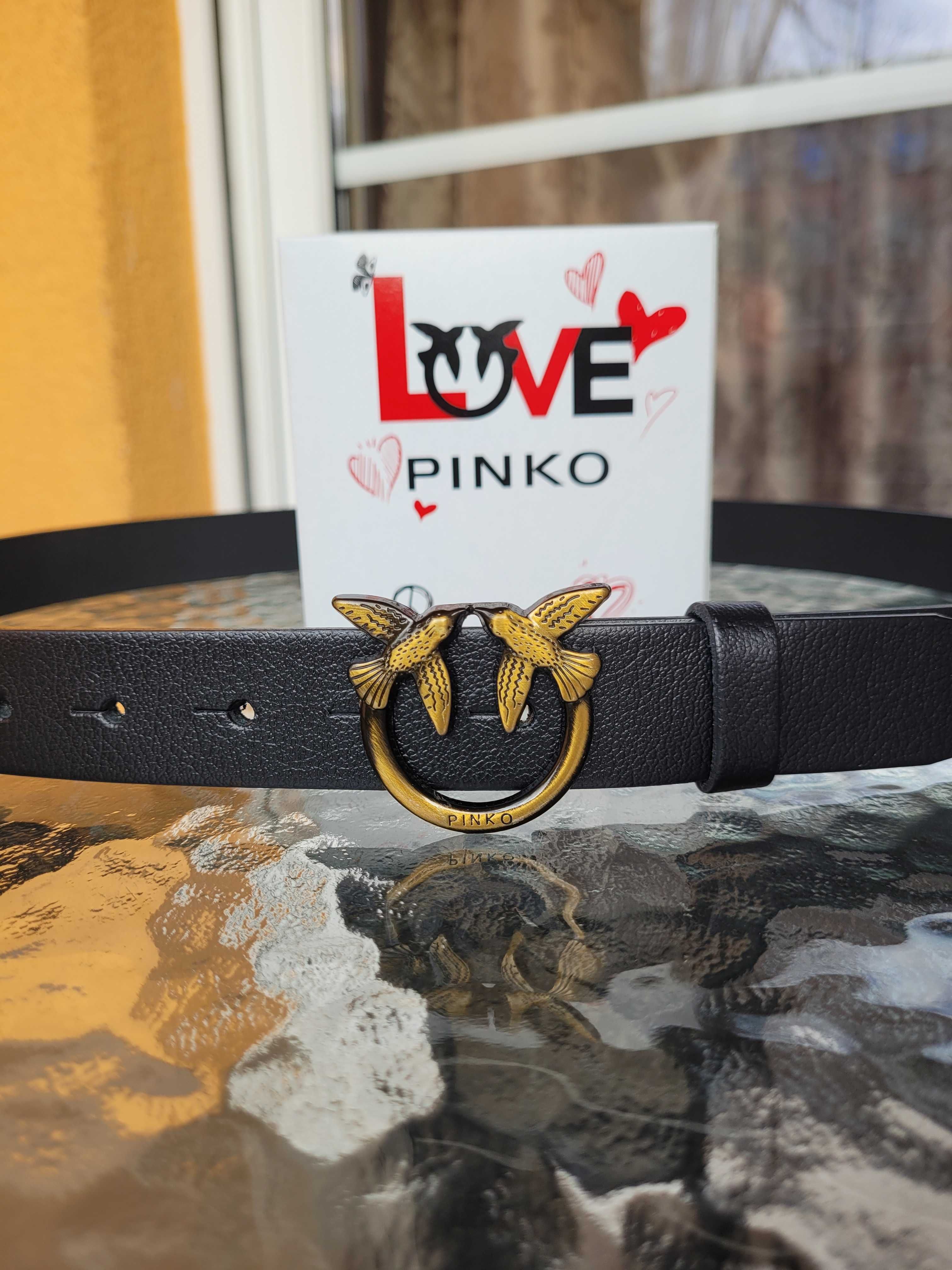 Czarny damski skórzany pasek pinko 110 cm