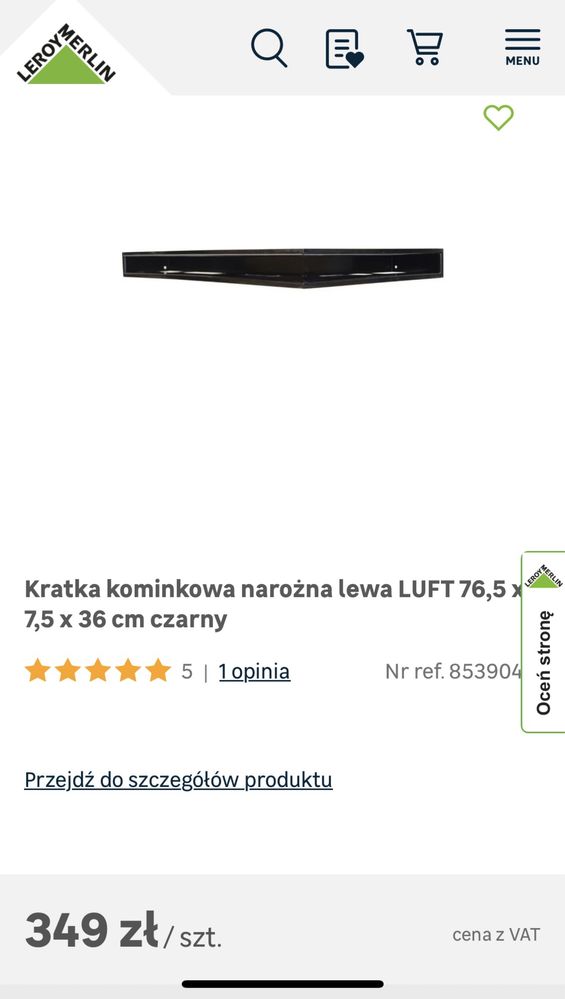 Kratka kominkowa narożna LUFT 76,5 x 7,5 x 36 cm czarny