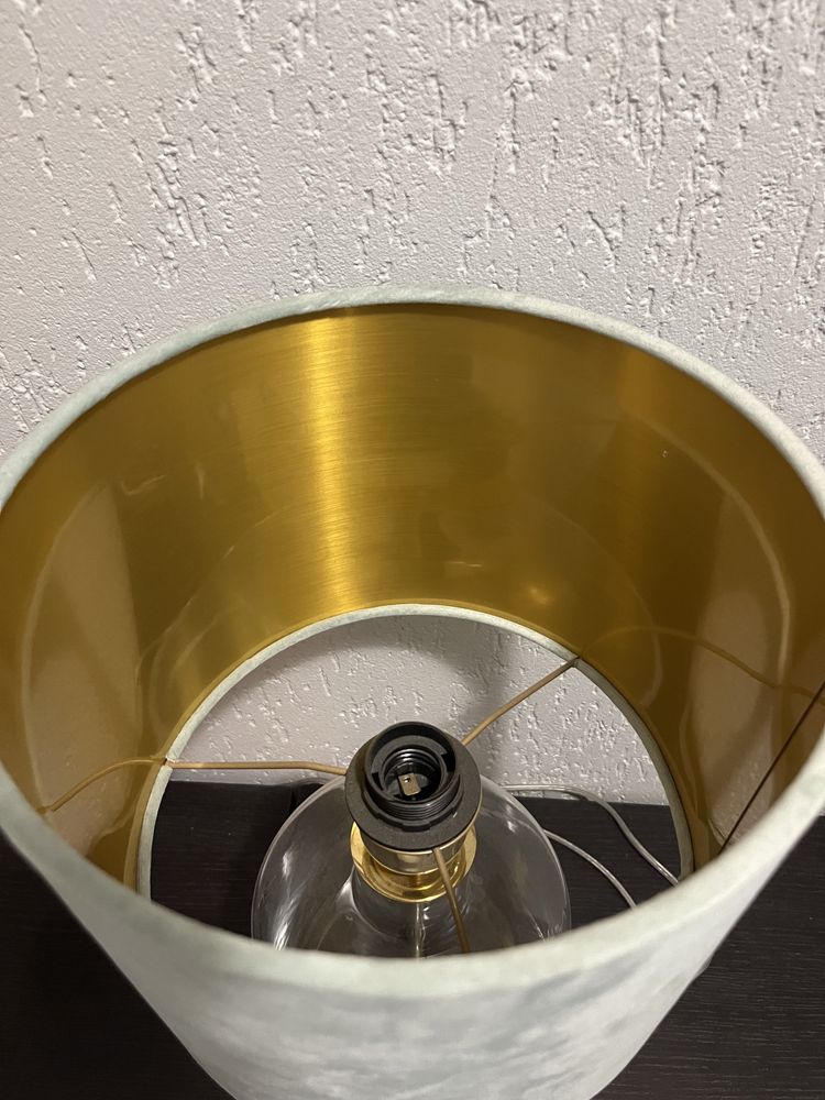 Lampa stolowa, lampka nocna, szklana, abażur materiał i stal