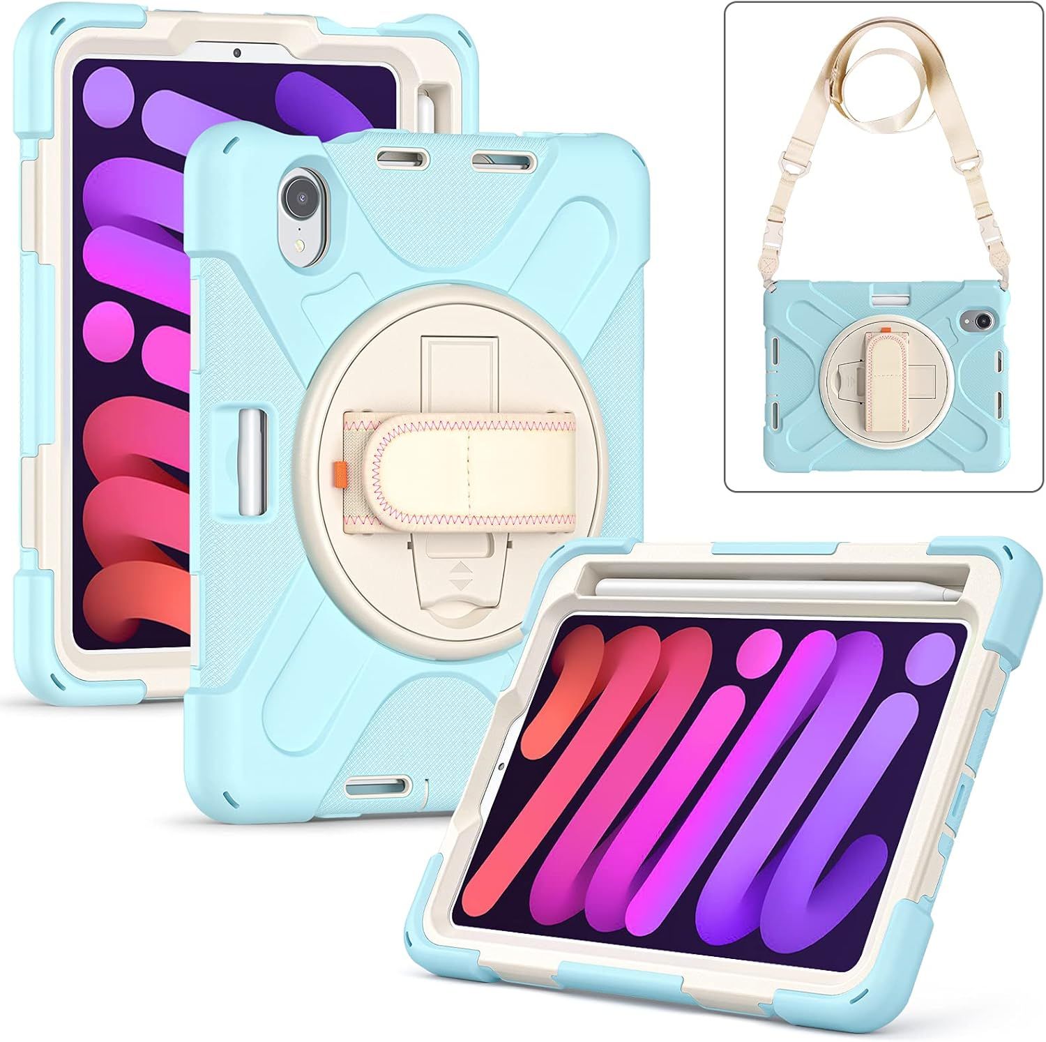 Etui do iPad Mini 6 8.3" z Podstawką i Paskiem na Ramię Błękitne