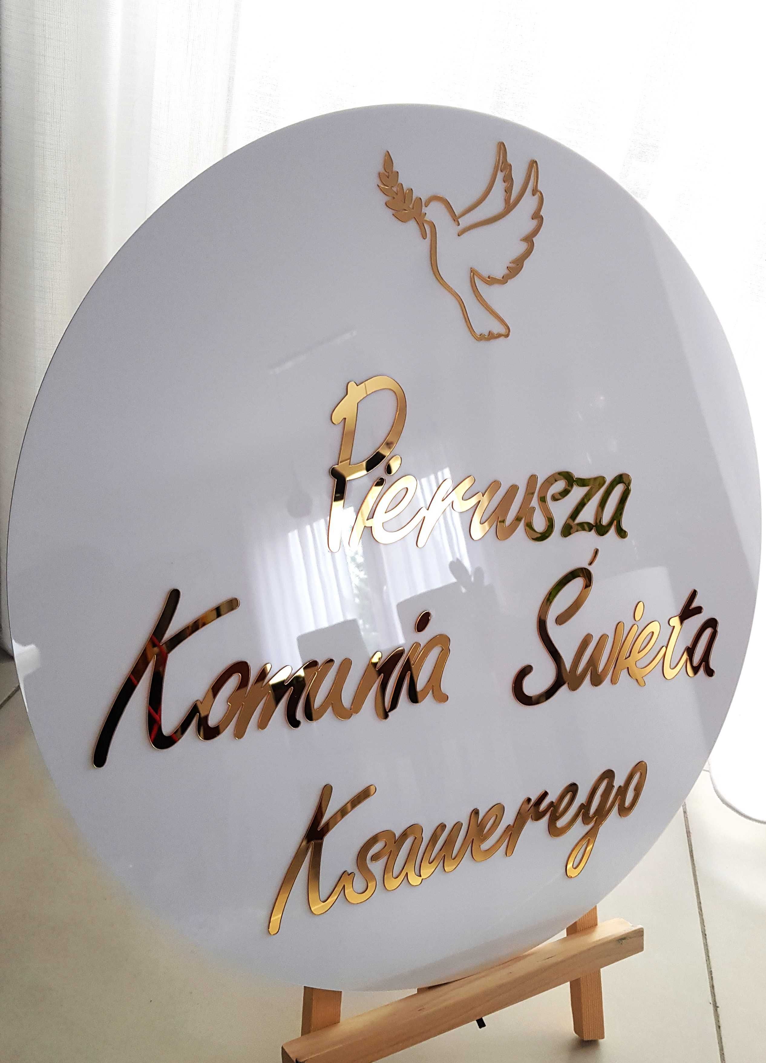 Dekoracja komunia, ślub. Koło tablica powitalna złoty napis