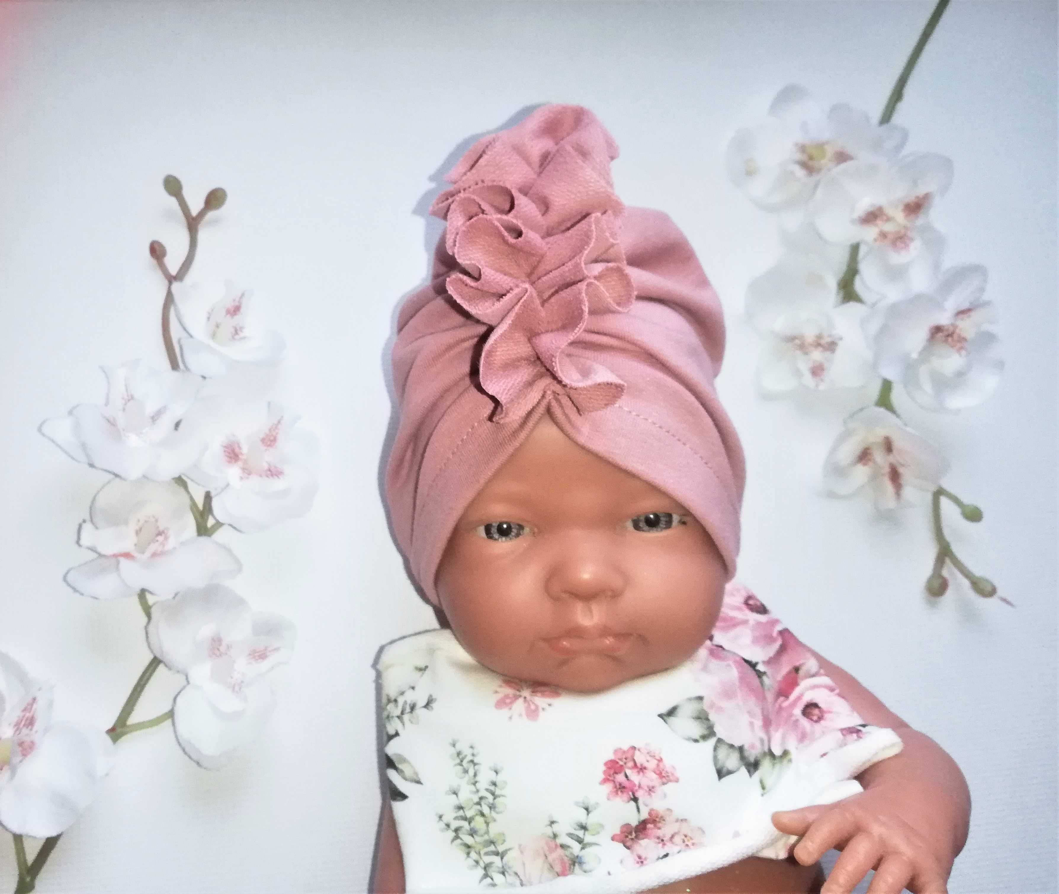 * Czapeczka turban + szeroka opaska z kokardą - komplet niemowlęcy *
