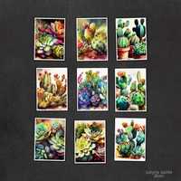 Kaktusy i sukulenty w akwareli - zestaw 9 grafik w rozmiarze 13x18