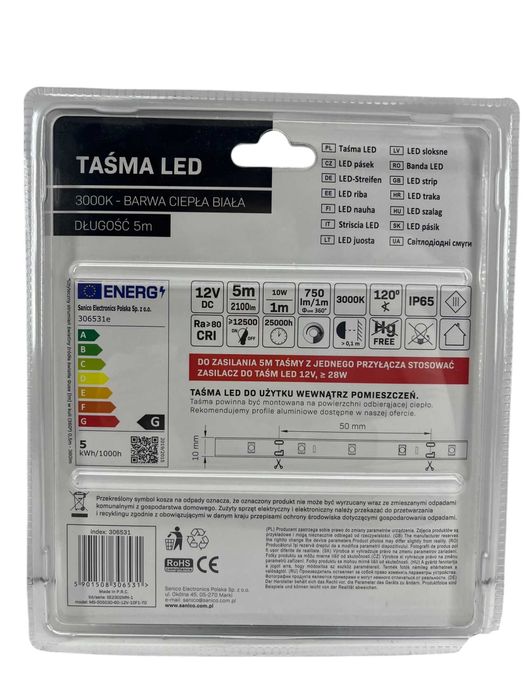 Taśma LED Polux 12V 2 8W 300 LED 5 m IP65 ciepła 3000K