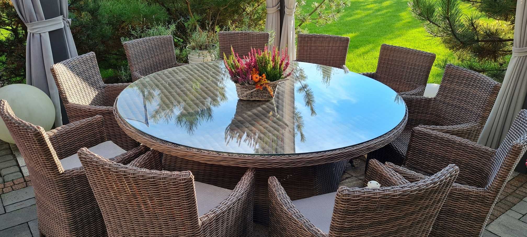 Stół okrągły z technorattanu do ogrodu 180 cm + 10 krzeseł