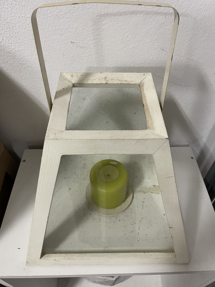 Porta velas madeira branco e vidro