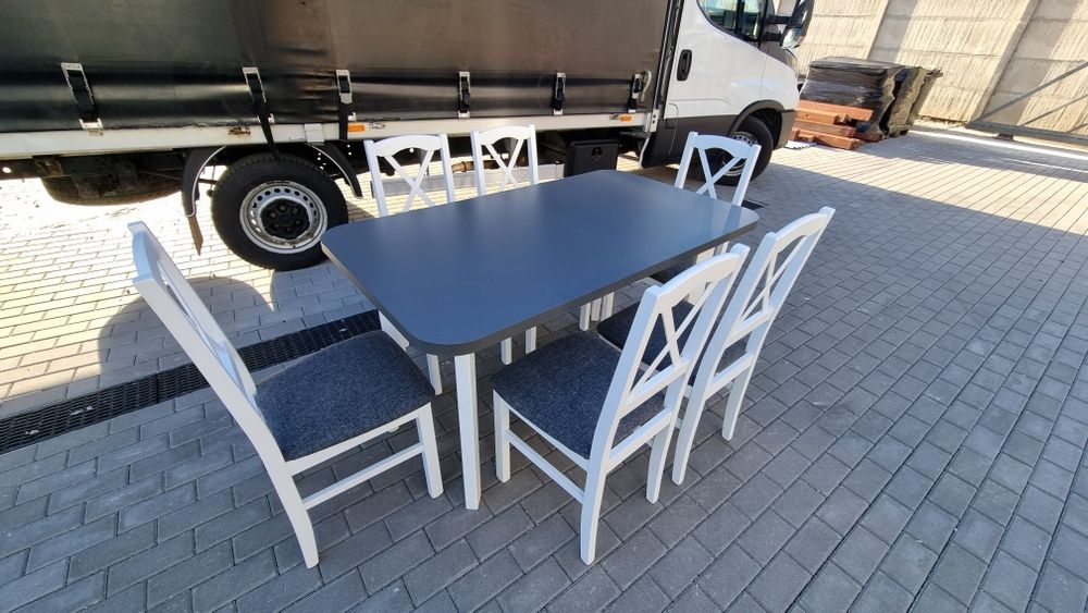 Od ręki: Stół z 6 krzesłami, nowe , biały/grafit + grafit (krzyż)