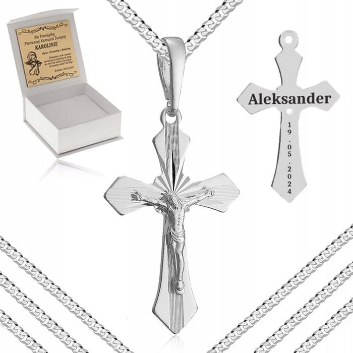 Srebrny Naszyjnik Komunijny + Zawieszka Krzyżyk Pr 925 +grawer Bierzmo