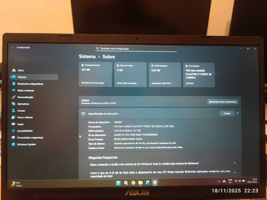 ASUS VivoBook X515EP – i7 11ª Geração 12GB RAM 2GB GPU Ótimo Estado!