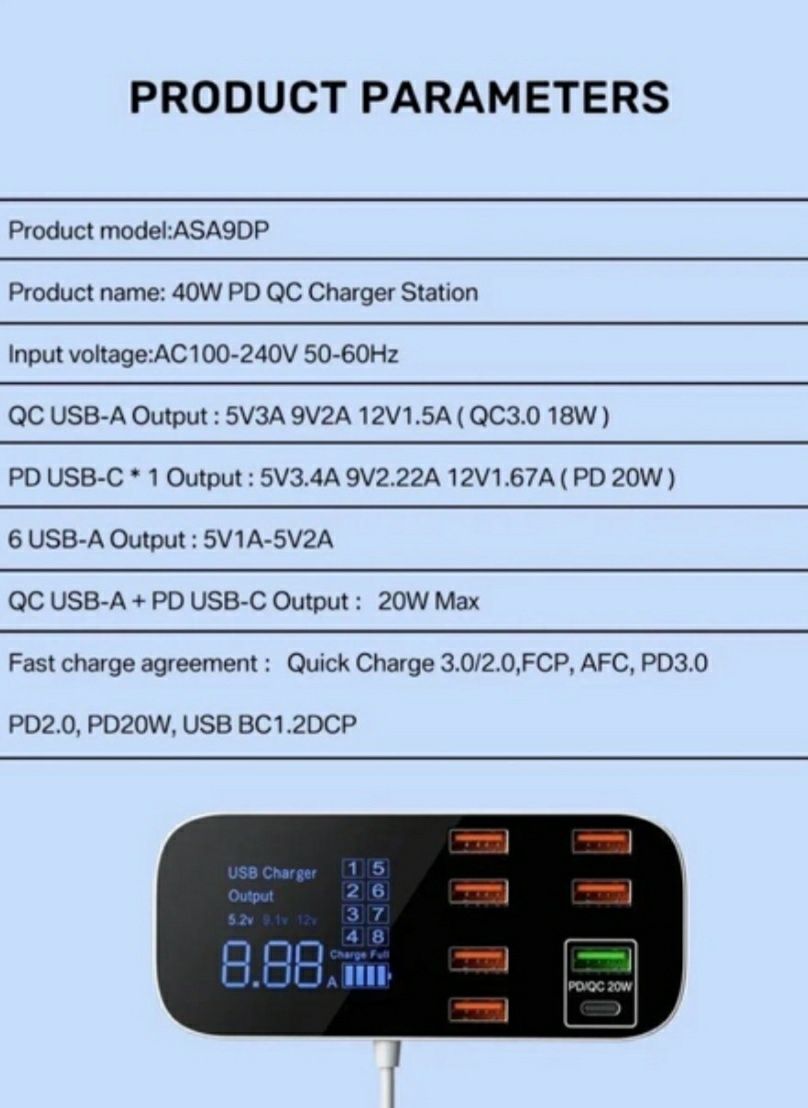 Оригинальное быстрое зарядное ASOMETECH 8в1  лед дисплей.QC 3.0 PD 3.0