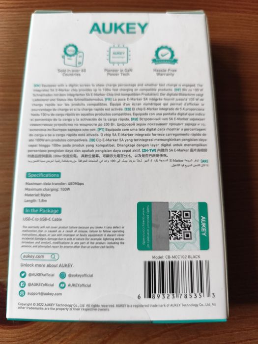 Kabel usb-c 100w aukley 1.8m