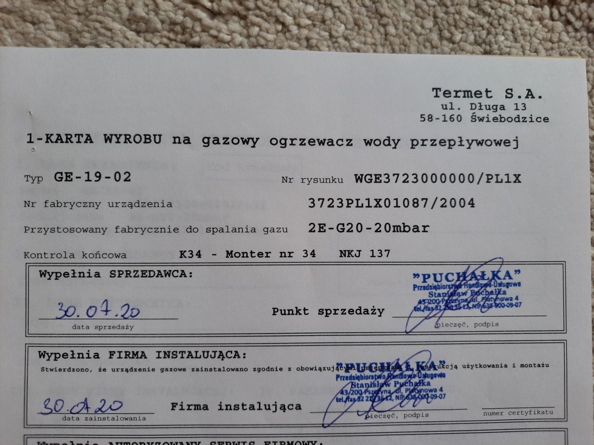 Gazowy ogrzewacz wody Termet GE-19-02.