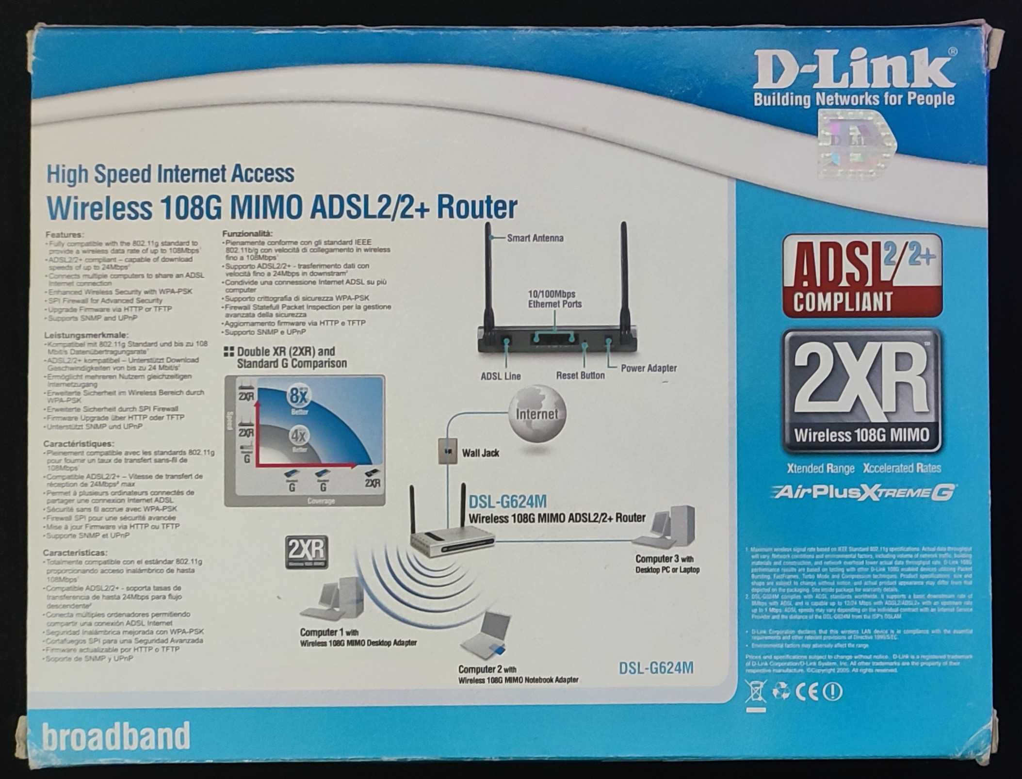 D-Link DSL-G624M Modem ADSL2/2+ (24Mbit) com Router Wireless 108G MIMO