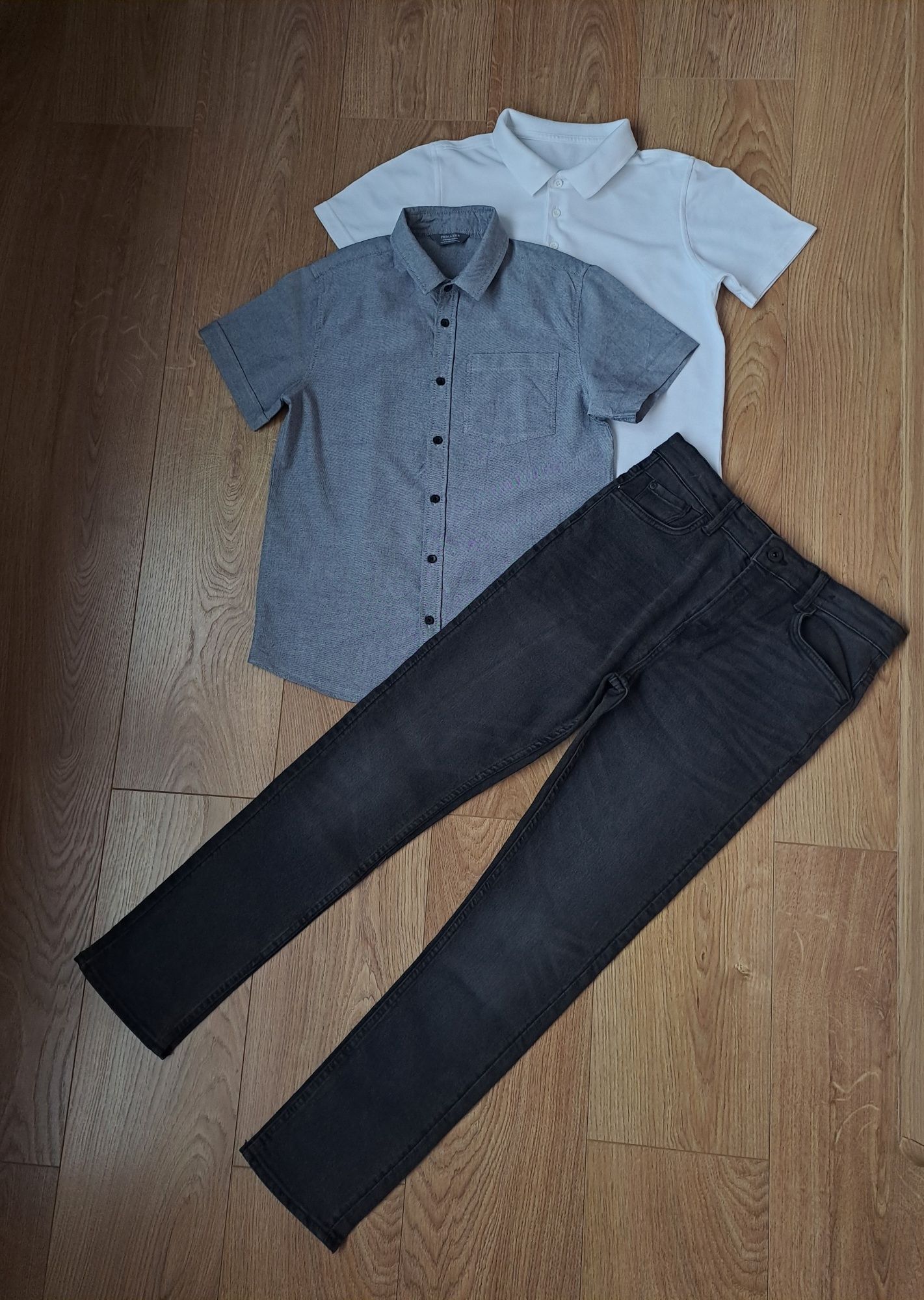 Набор/черные джинсы/белое поло/тенниска/рубашка с коротким рукавом
