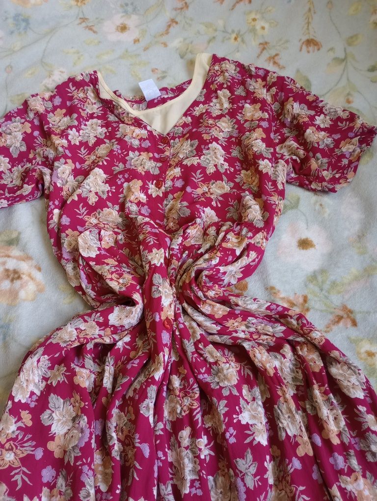 Sukienka długa maxi luźna rękawem plisowana kwiaty lata 90 vintage