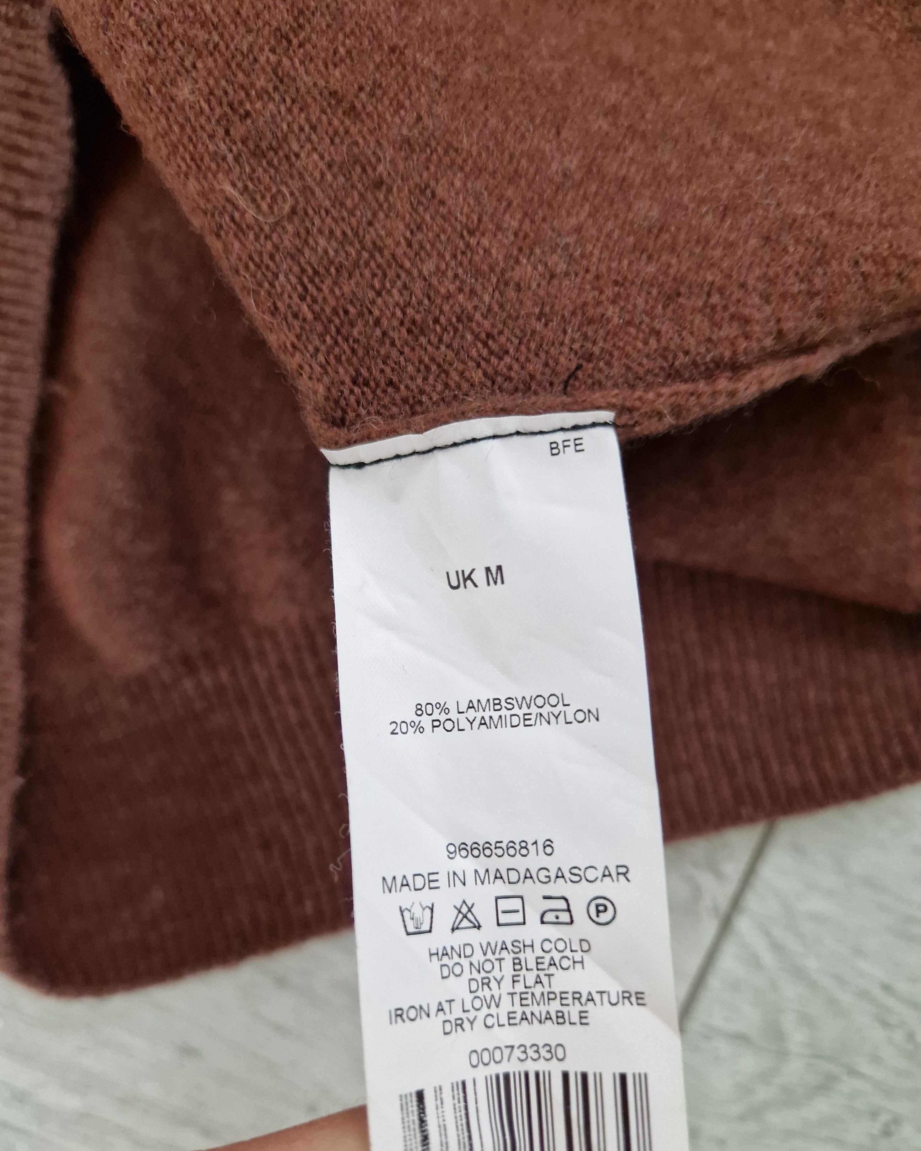 MB brązowy wełniany sweter z suwakiem 80% lambswool wełna M