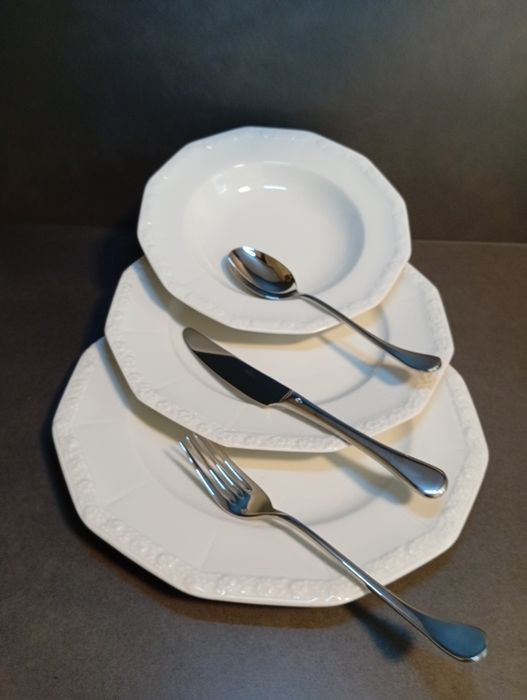 Rosenthal Biała Maria serwis obiadowy i sztućce dla 12 osób. Nowy