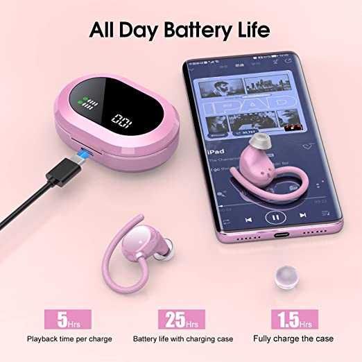 Słuchawki Bluetooth BT 5.3 sportowe różowe z ładowarką USB-C,  IPX7