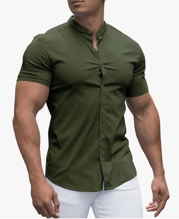 Koszula męska z krótkim rękawem, ciemna zieleń, rozmiar XL, URRU