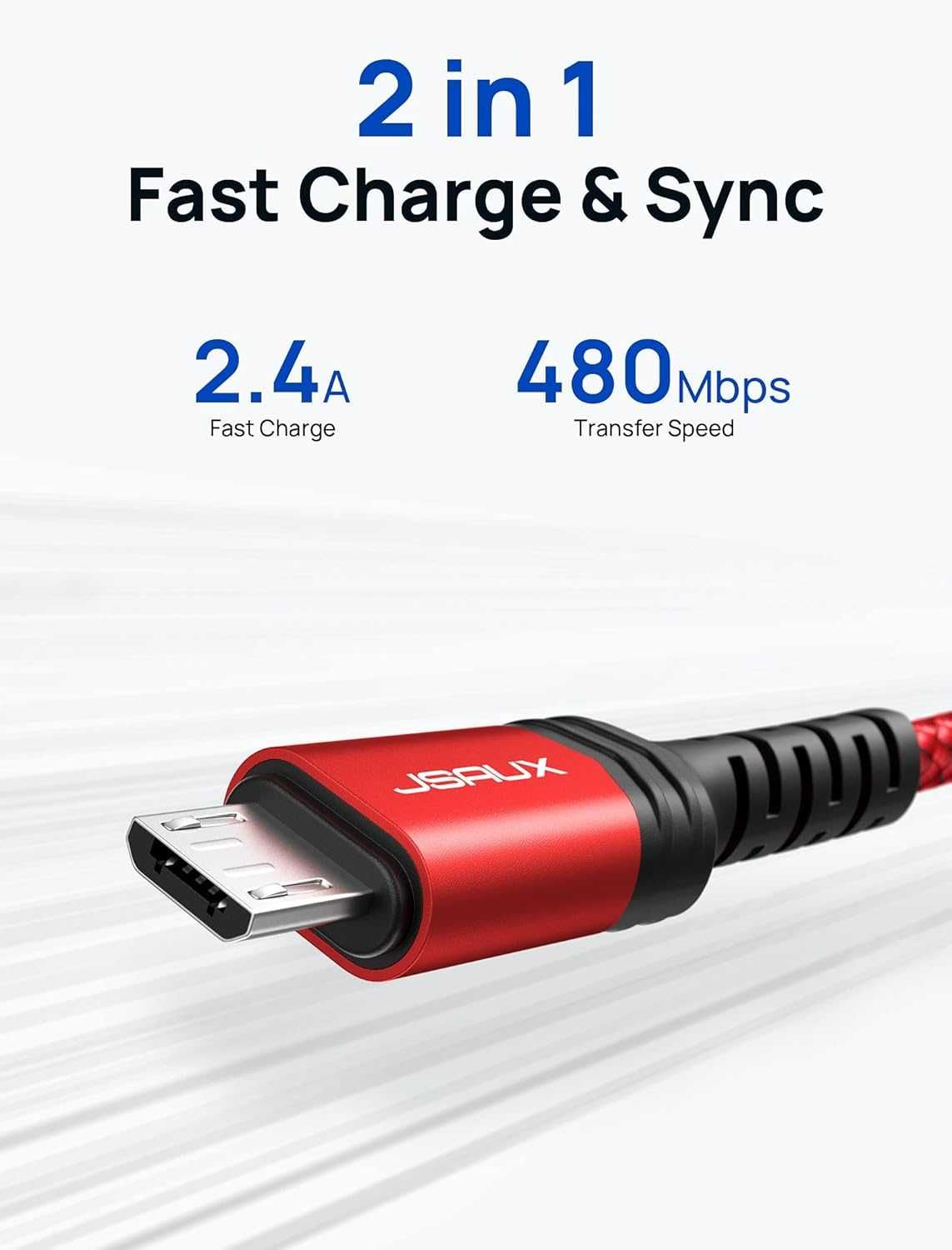 2 szt. JSAUX Nylonowy kabel micro USB do ładowania, 3 A  2 M czerwony