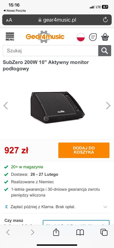 Monitor podłogowy odsłuch Sub Zero