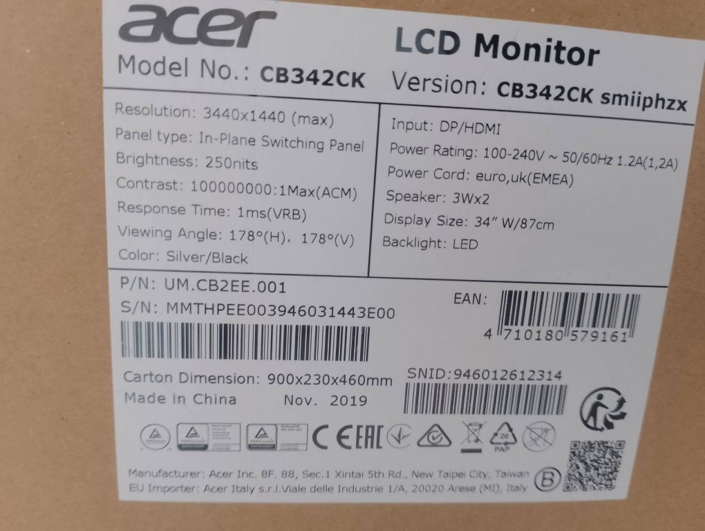 Monitor ekran Acer QHD Ultrawide 3440x1440 34" / 87 cm