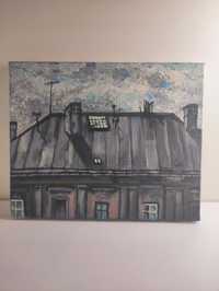 Obraz na płótnie, ręcznie malowany akryl, Dachy Bielska-Białej 27x33