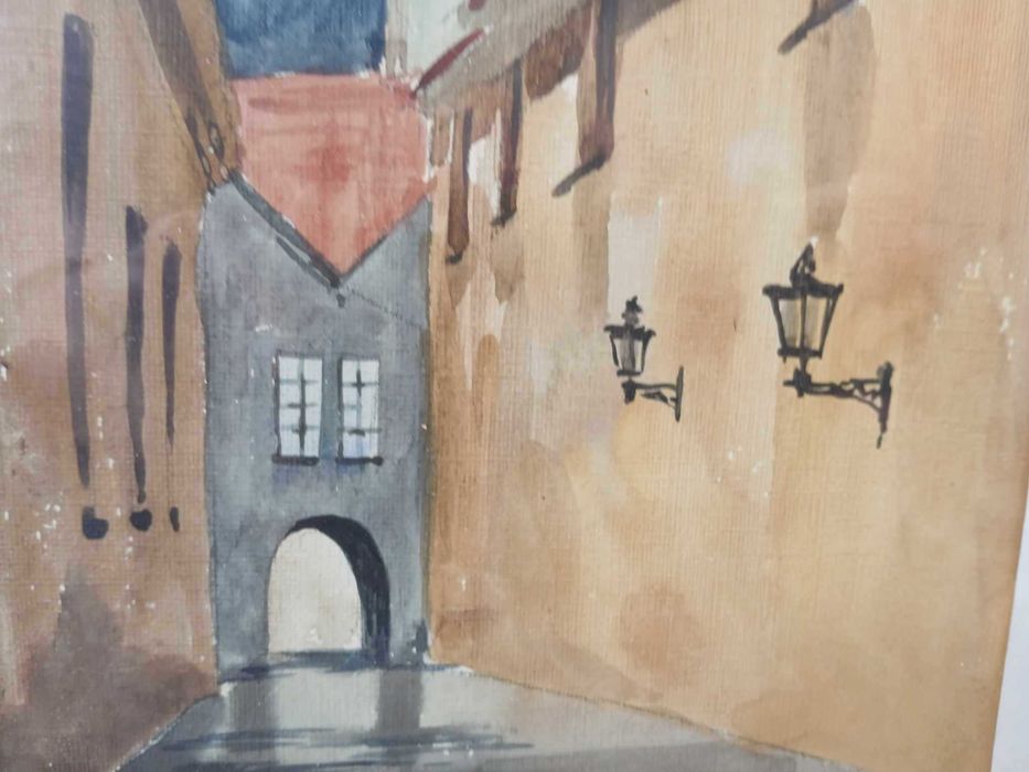 Obraz malowany AKWARELA "Piękny zaułek z wieżą kościelną"w ramie 27x33