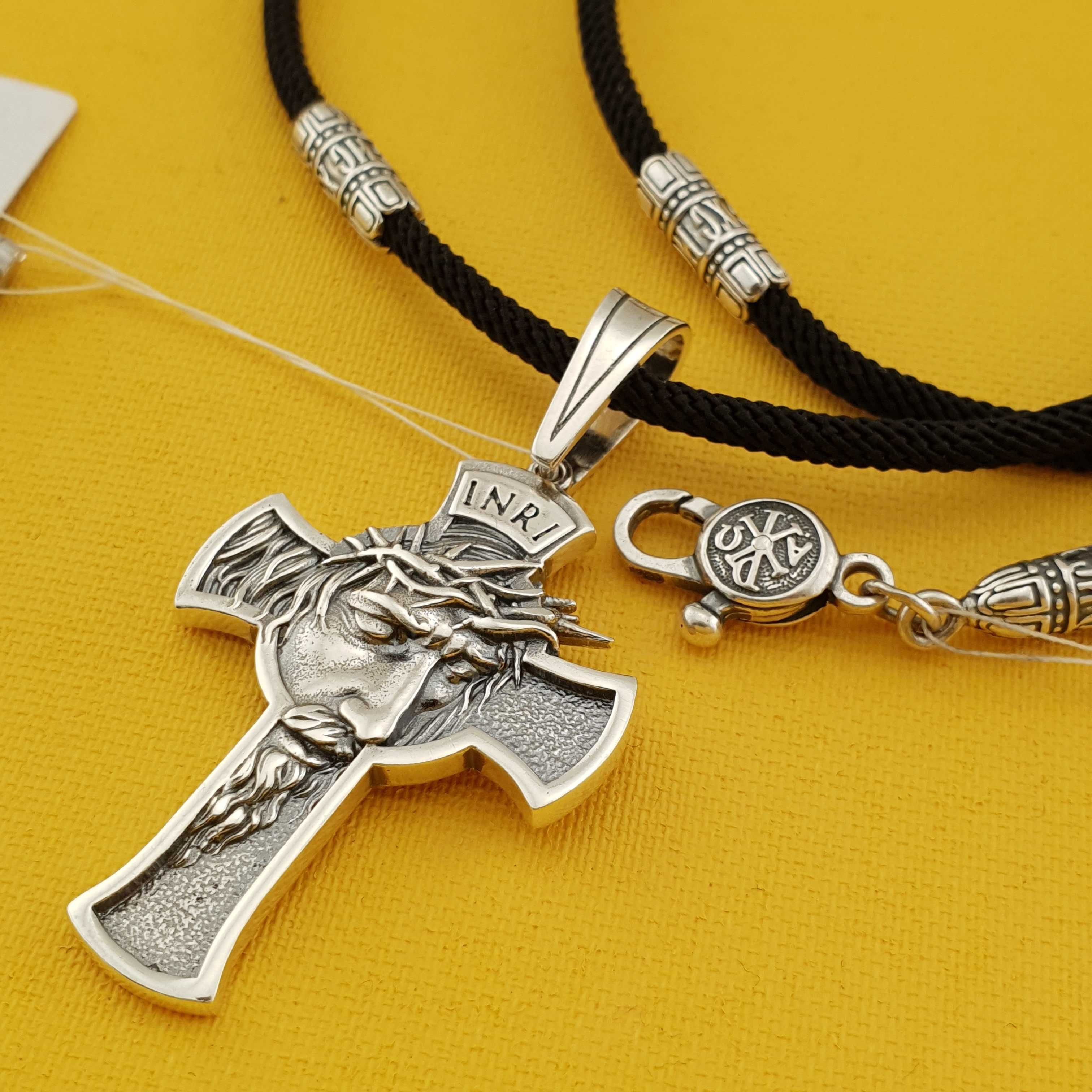 Мужской серебряный кулон крест на шнурке с накладками. Шнур і хрестик