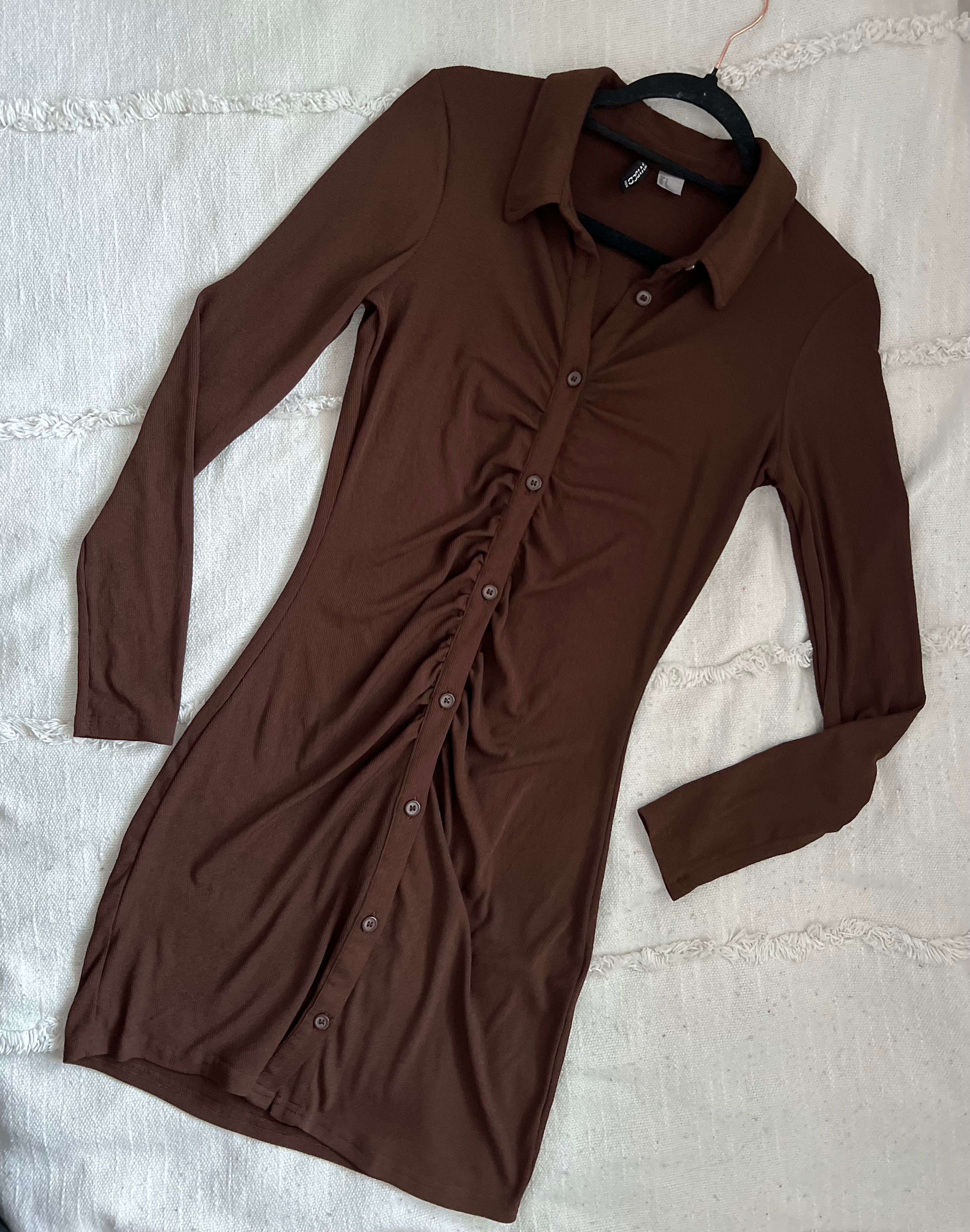 Brązowa sukienka mini szmizjerka marszczona z kołnierzykiem H&M