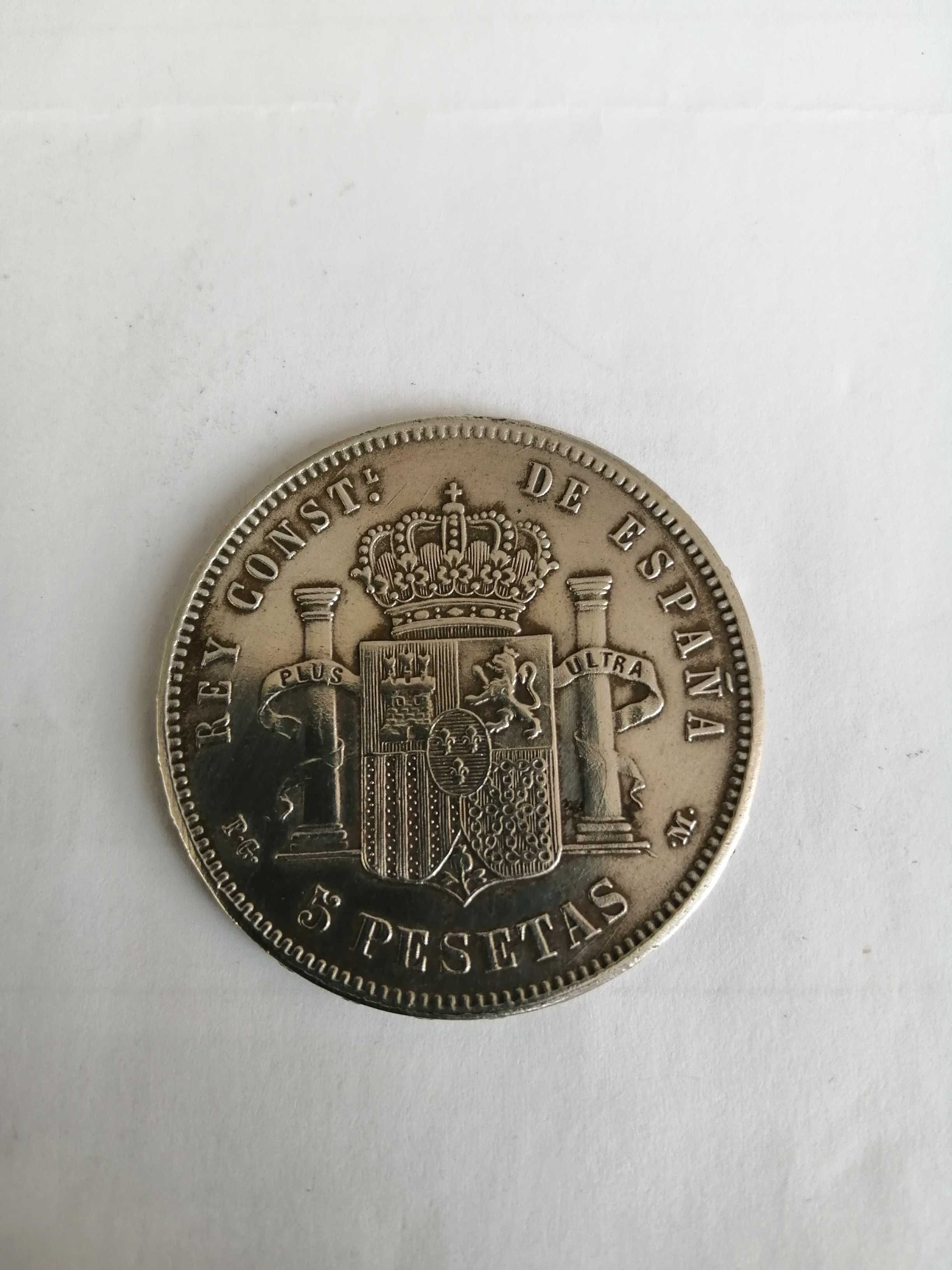 Moeda prata 900, de 5 pesetas. D. Alfonso Xll, de 1882.