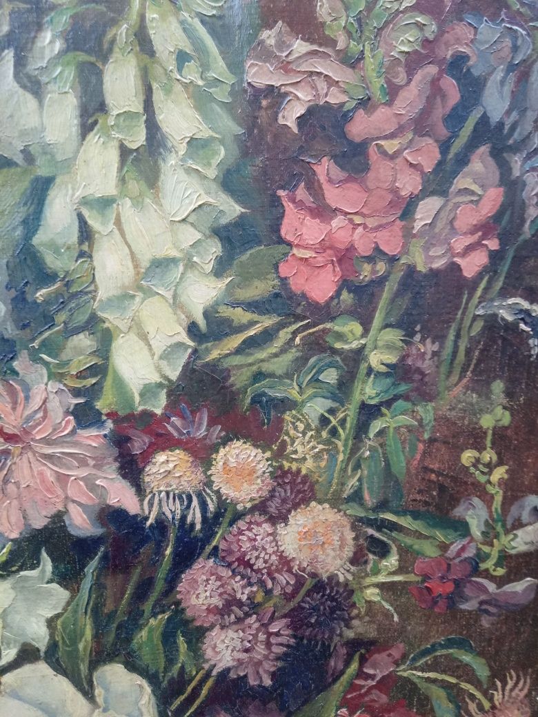 przedwojenny obraz olejny na płótnie 1943r. sygnowany kwiaty NOWA rama
