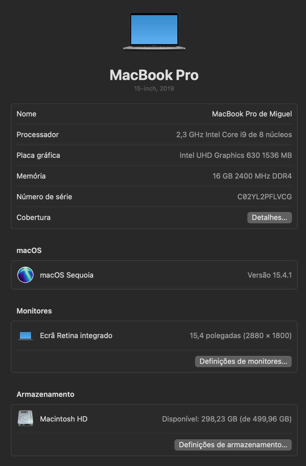 Macbook Pro I9 15 Polegadas de 2019 como novo