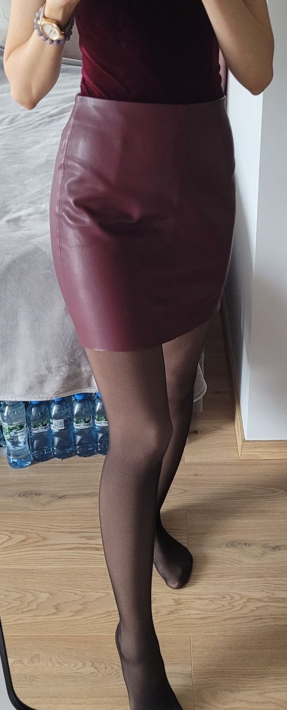 Skórzana bordowa spódniczka spódnica mini Promod S/M