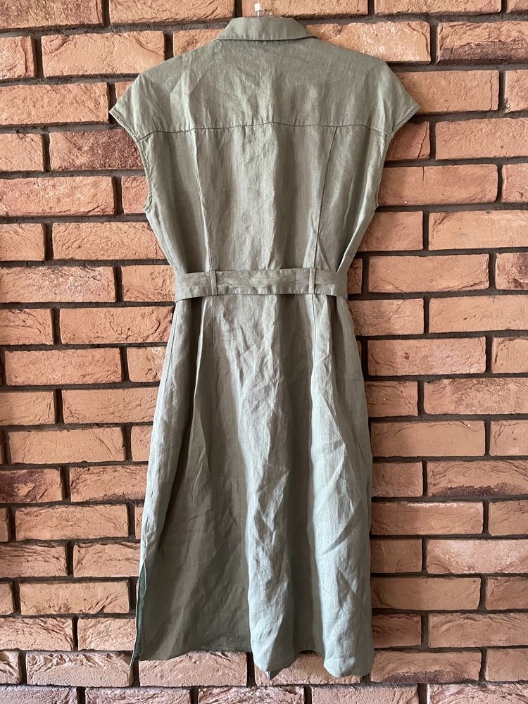 Mango MNG L 40 lniana sukienka zielona khaki szmizjerka wiązana len