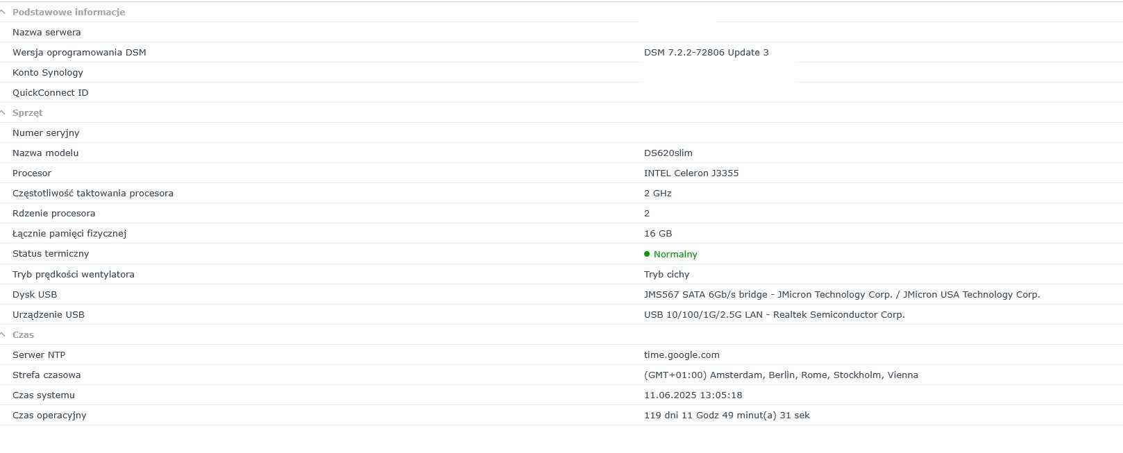 serwer NAS Synology DS620slim (6xHDD, 2x2.5GHz, 16GB, 2xUSB, 2xLAN)