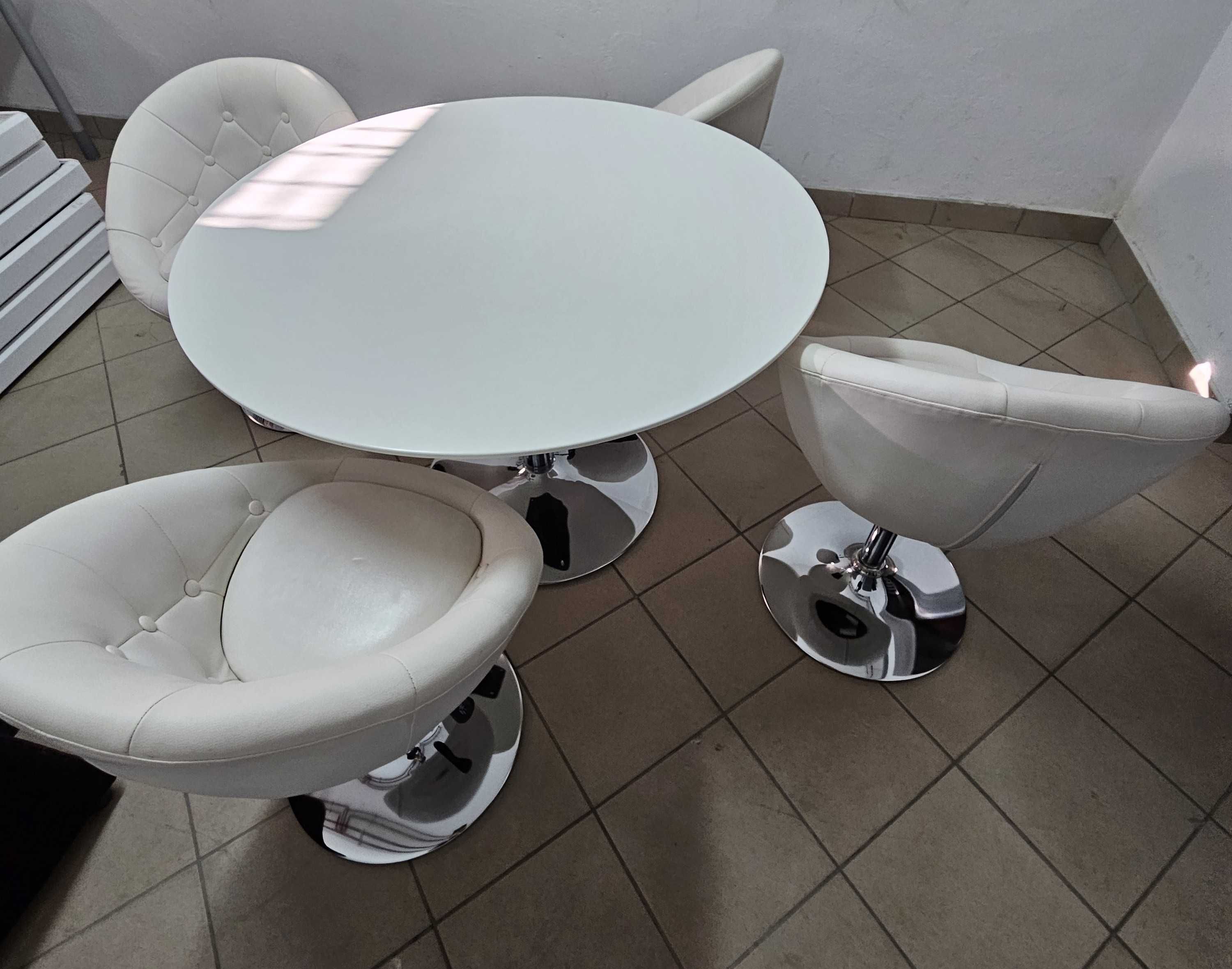 Stół okrągły + 4 fotele obrotowe regulowane, kolor biały