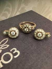 Кюз,  кольцо и серьги  малинка с бриллиантами/бриллиант