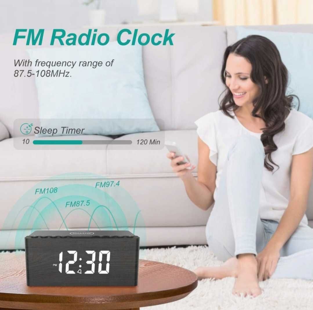 Radio zegar budzik drewniany ładowarka bezprzewodowa 10w Anjank AC190