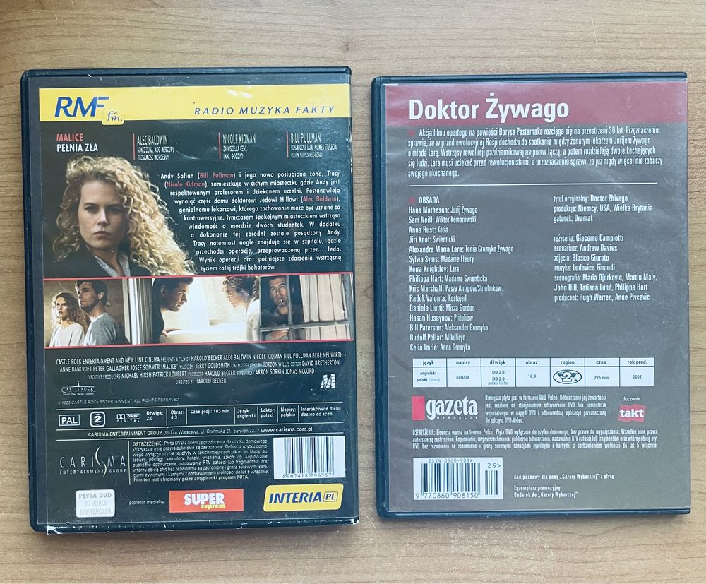 2 płyty z filmami DVD: Malice pełnia zła, Doktor Żywago